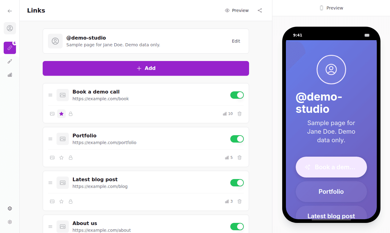The GrapeLink editor with a link page preview